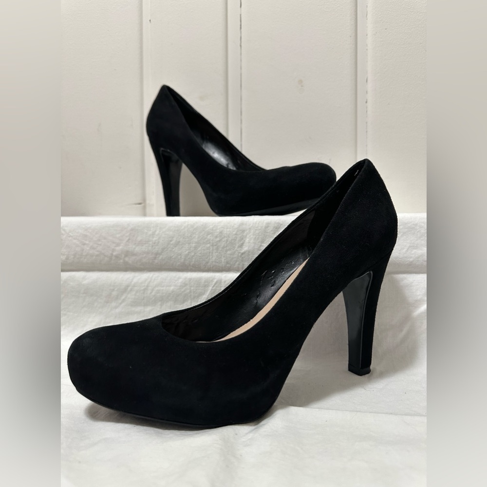 Black suede high heels from Franco Sarto. Worn once, indoors! Heal is 4 inches.